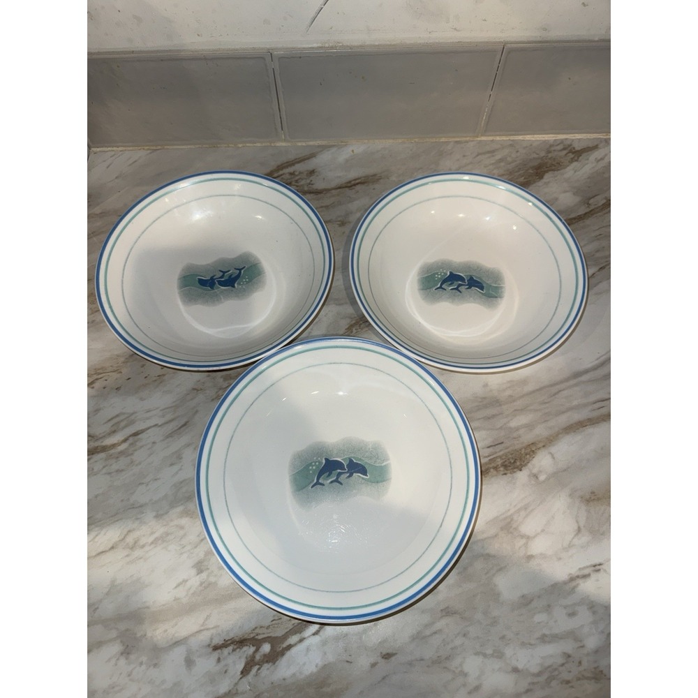 CORELLE CORNING WARE OCEAN DANCING BLUE DOLPHINS PLATES SOUP BOWLS 13 PCS